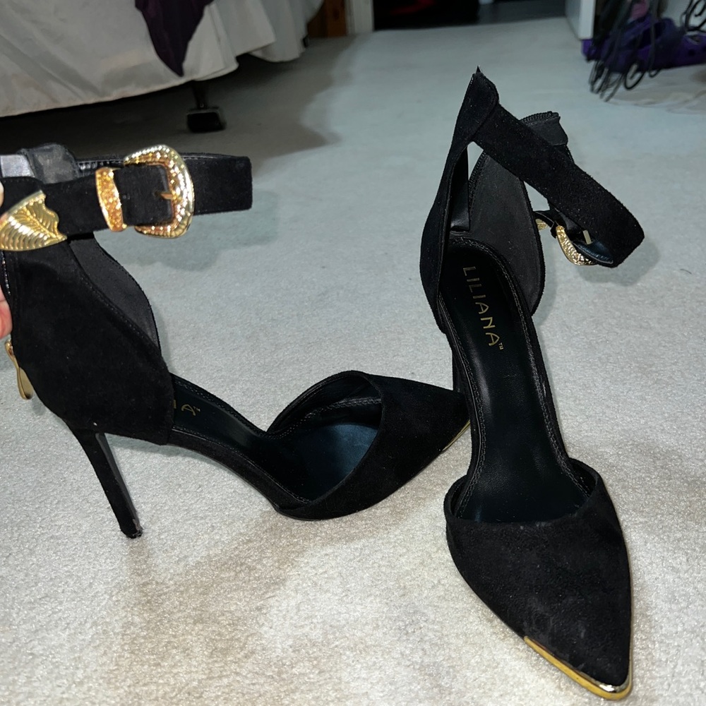 Black suede with gold Trim and accents pointed toe heels